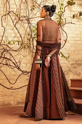 Brown Printed & Embroidered Skirt Set