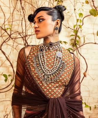 Brown Printed & Embroidered Skirt Set 4