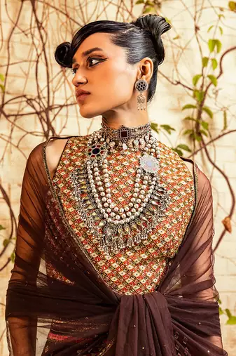 Brown Printed & Embroidered Skirt Set