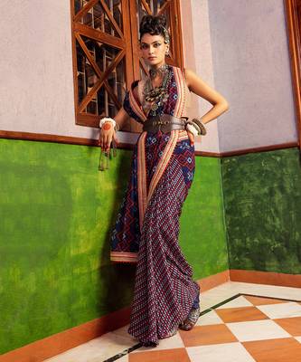Blue printed & embroidered saree 1