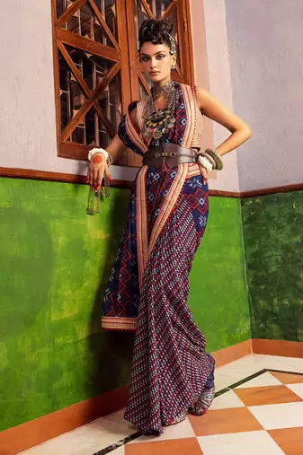 Blue printed & embroidered saree