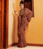 Brown printed & embroidered saree set