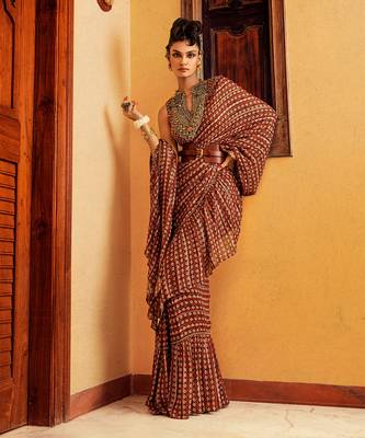 Brown printed & embroidered saree set 2