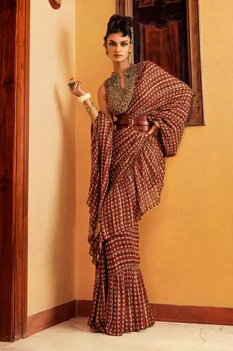Brown printed & embroidered saree set