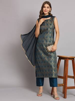   women kurta and trousers pant set silk blend 1