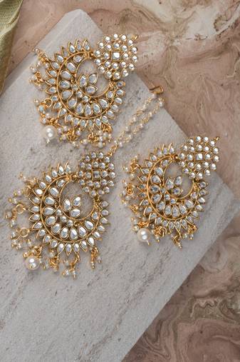 Statement Ethnic Gold Plated Maang Tikka Set with Earring