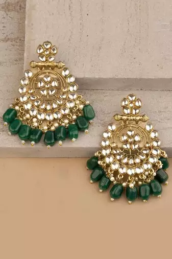 Embellished Gold Chandbalis with Green Kundan Drops