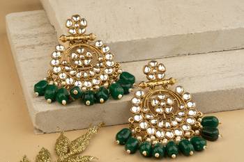 Embellished Gold Chandbalis with Green Kundan Drops 3