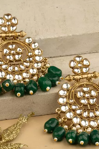 Embellished Gold Chandbalis with Green Kundan Drops