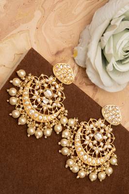 Embellished Gold Chandbalis with Off White Kundan Drops 1
