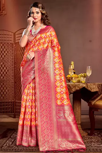 Sangam prints orange kanjivaram silk woven work traditional tassels saree