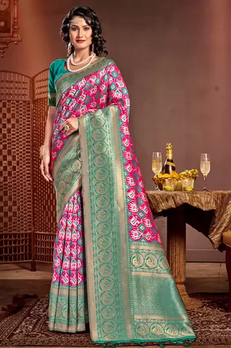 Sangam prints pink kanjivaram silk woven work traditional tassels saree