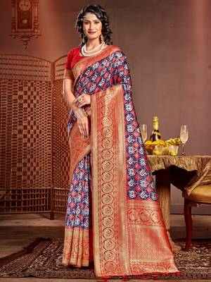 Sangam prints blue kanjivaram silk woven work traditional tassels saree 1
