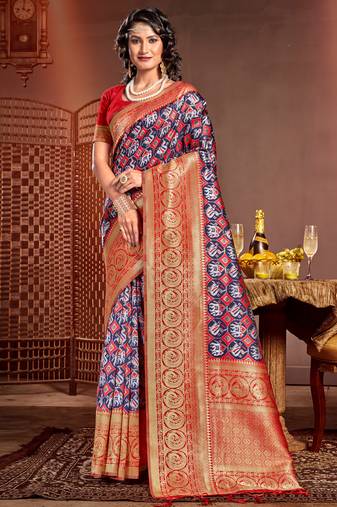 Sangam prints blue kanjivaram silk woven work traditional tassels saree
