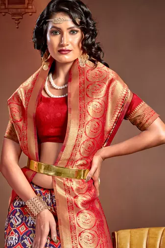 Sangam prints blue kanjivaram silk woven work traditional tassels saree