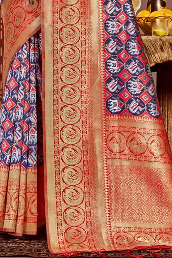 Sangam prints blue kanjivaram silk woven work traditional tassels saree