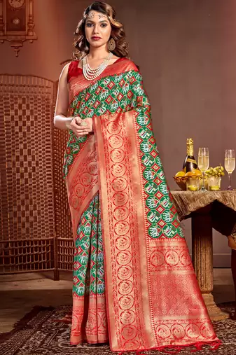 Sangam prints green kanjivaram silk woven work traditional tassels saree
