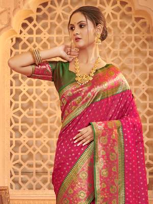 Sangam Prints Pink Silk Woven Work Traditional Tassels Saree 2