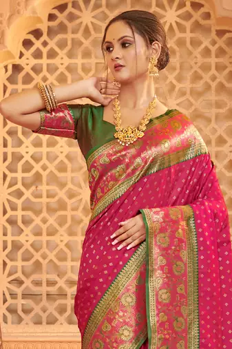 Sangam Prints Pink Silk Woven Work Traditional Tassels Saree