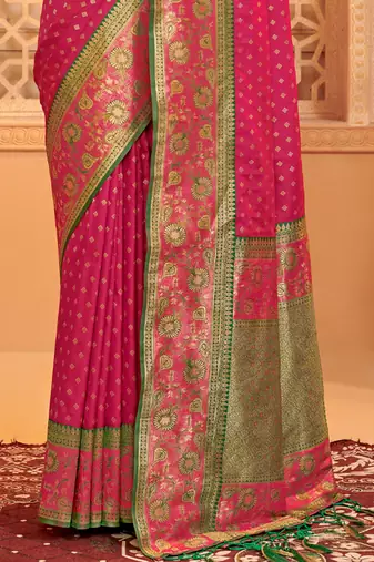 Sangam Prints Pink Silk Woven Work Traditional Tassels Saree