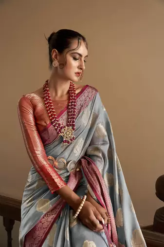 Elora orgazna silk jacquard designer saree for women (grey)