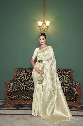 Elora linen silk jacquard designer saree for women (off white)