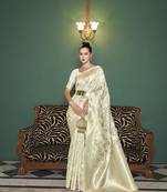 Elora linen silk jacquard designer saree for women (off white)