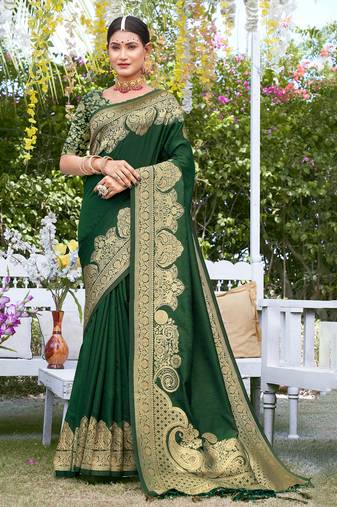 Sangam prints green silk siroski stone work traditional tassels saree