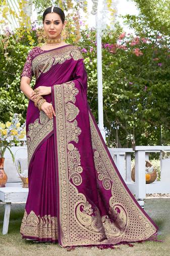 Sangam prints purple silk siroski stone work traditional tassels saree