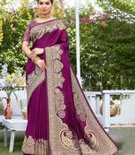 Sangam prints purple silk siroski stone work traditional tassels saree