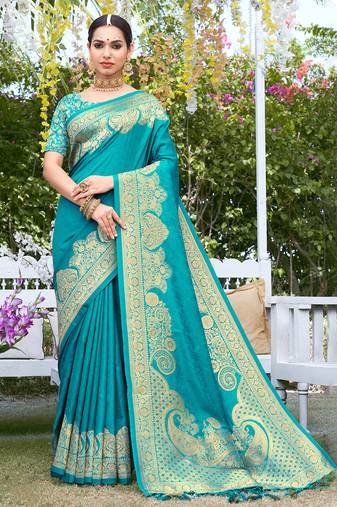 Sangam prints sky blue silk siroski stone work traditional tassels saree