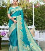 Sangam prints sky blue silk siroski stone work traditional tassels saree