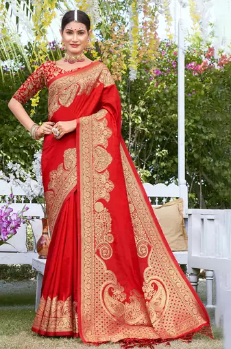 Sangam prints red silk siroski stone work traditional tassels saree