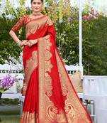 Sangam prints red silk siroski stone work traditional tassels saree