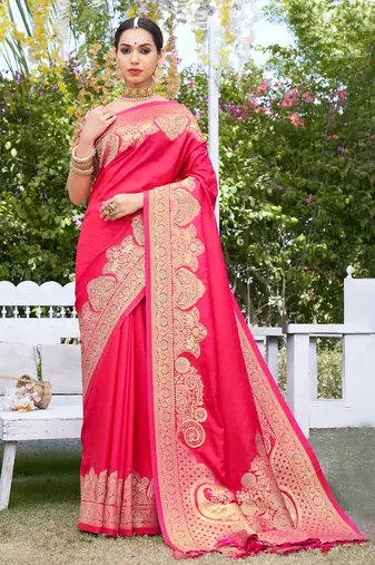 Sangam prints pink silk siroski stone work traditional tassels saree