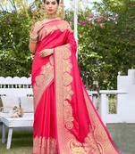 Sangam prints pink silk siroski stone work traditional tassels saree