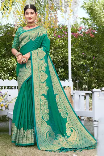 Sangam prints sea green silk siroski stone work traditional tassels saree