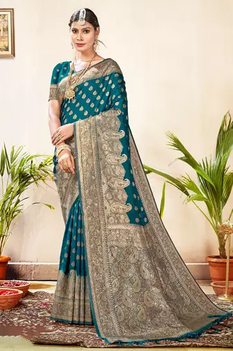 Sangam prints turquoise blue silk siroski stone work traditional tassels saree