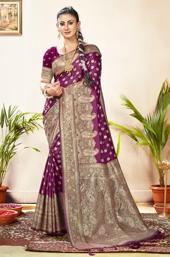 Sangam prints purple silk siroski stone work traditional tassels saree