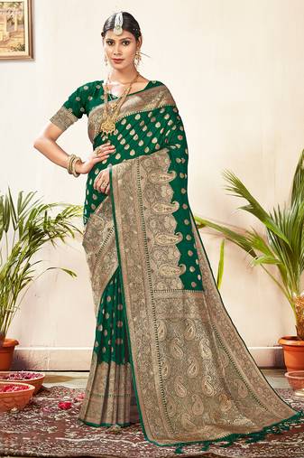 Sangam prints green silk siroski stone work traditional tassels saree