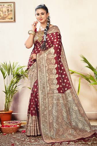 Sangam prints maroon silk siroski stone work traditional tassels saree