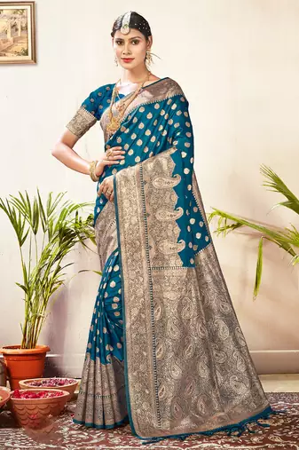 Sangam prints blue silk siroski stone work traditional tassels saree