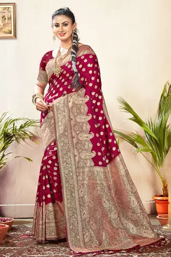 Sangam prints dark pink silk siroski stone work traditional tassels saree