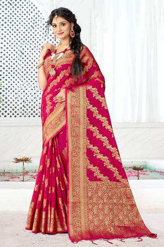Sangam Prints Magenta Silk Siroski Stone Work Traditional Tassels Saree
