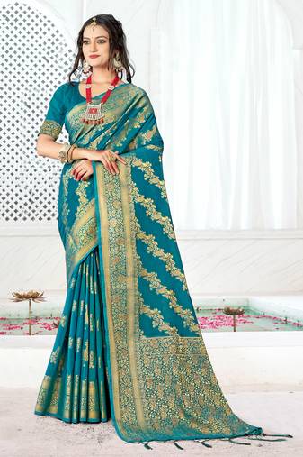 Sangam Prints Sea Green Silk Siroski Stone Work Traditional Tassels Saree