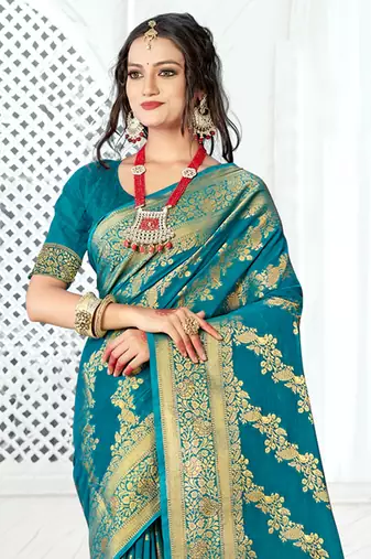 Sangam Prints Sea Green Silk Siroski Stone Work Traditional Tassels Saree