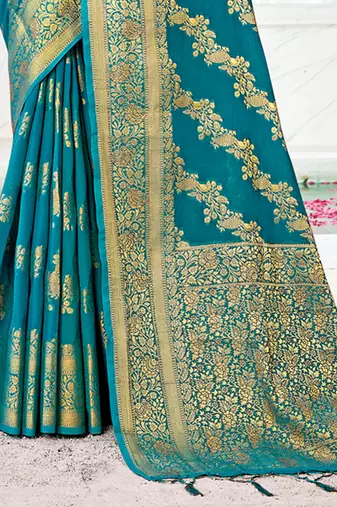 Sangam Prints Sea Green Silk Siroski Stone Work Traditional Tassels Saree