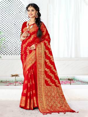 Sangam Prints Red Silk Siroski Stone Work Traditional Tassels Saree 1