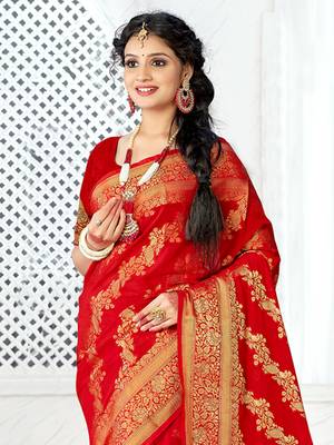Sangam Prints Red Silk Siroski Stone Work Traditional Tassels Saree 2