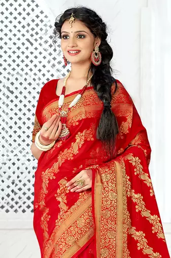 Sangam Prints Red Silk Siroski Stone Work Traditional Tassels Saree